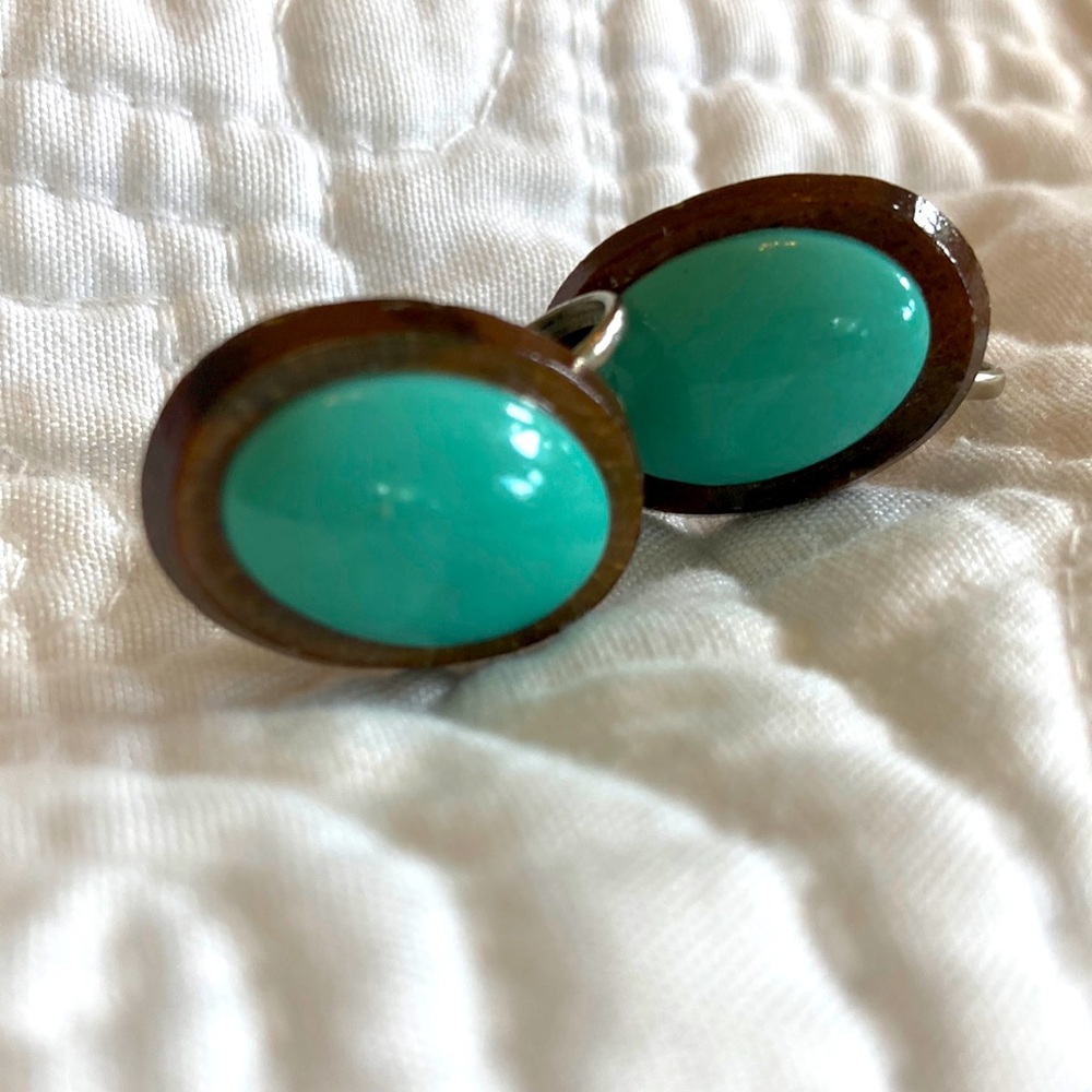 Turquoise celluloid and Brown Oval wooden screw back Earrings. Vintage 1940s
